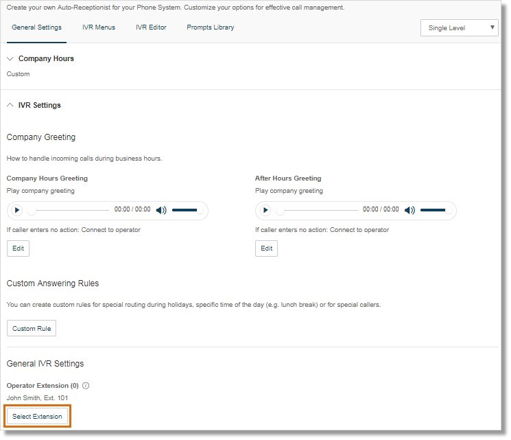 Click Select Extension then select the extension that should receive all calls and messages by default.