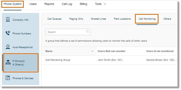 You can access the Call Monitoring section by going to Phone System > Groups > Call Monitoring on the Admin Portal.
