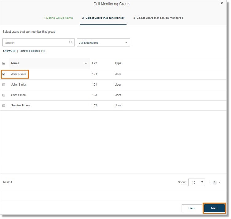 Select the users that can monitor a call then click Next.