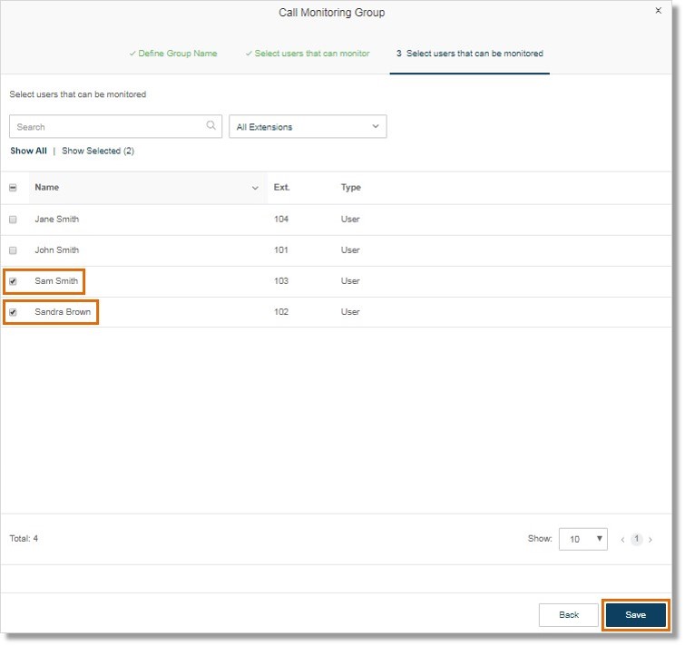 Select the users that can be monitored and then click Save.