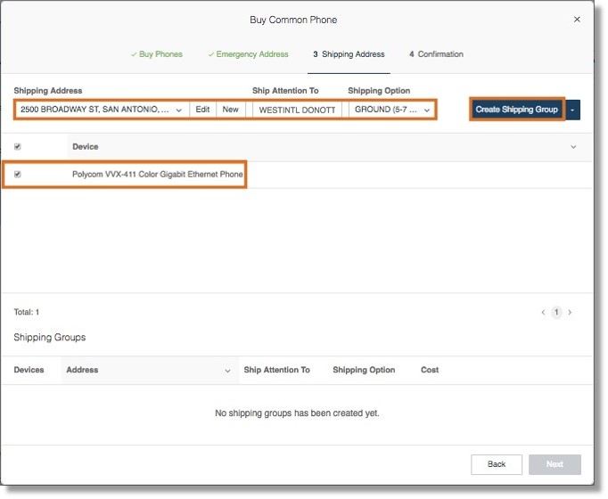 Provide the Shipping information and click Create Shipping Group. Click Next to proceed.