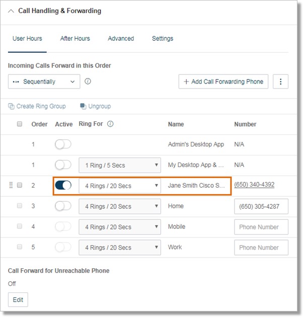 Image of the Call Handline and Forwarding menu.
