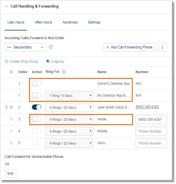 Image of the Call Handline and Forwarding menu.