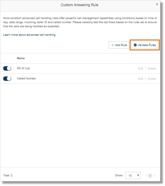 Image of the custom answering rule screen.