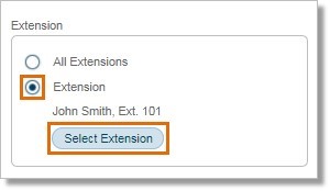 Administrators can also retrieve call recordings for another user by clicking the Extension radio button under Extension. and then clicking Select Extension.