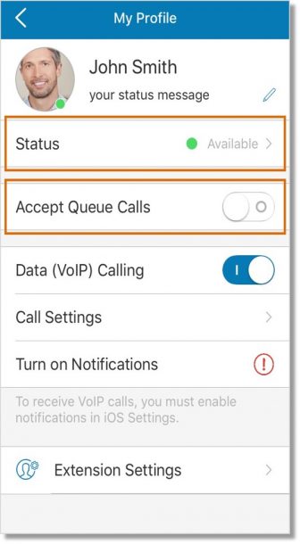 The first 2 options in the My Profile screen lets you set your Do Not Disturb status and call queue availability.