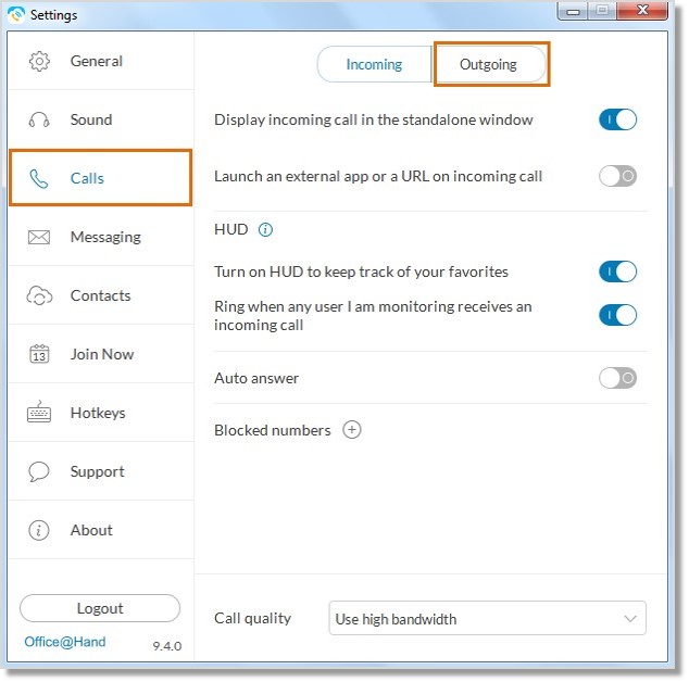 Click Calls, then click the Outgoing tab.