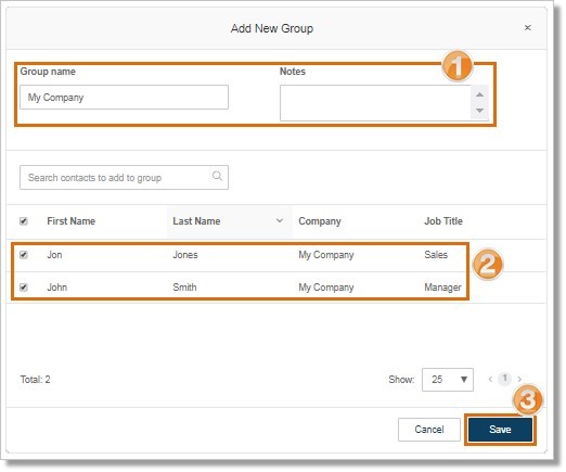 Click the checkbox on the contacts you want to include in the group, and the click Save.