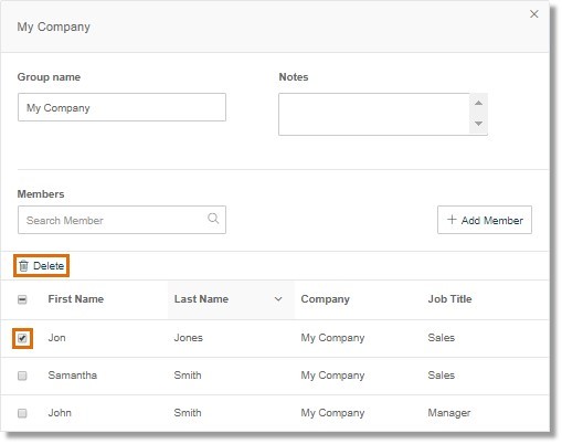 Click the checkbox on the contact that you want to remove from the Contact Group, and then click the Delete icon.