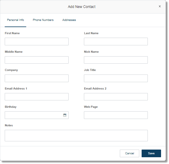 Enter your contact's details on the fields provided, Personal Info, Phone Numbers, and Addresses. Click Save.
