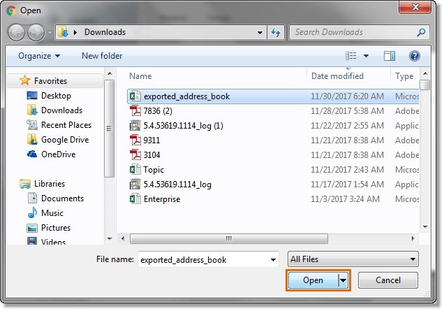 Select the file to upload and click Open to attach file.
