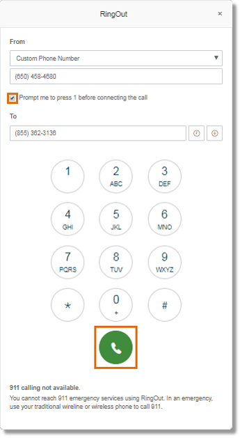 Click the Call button to make a RingOut call.