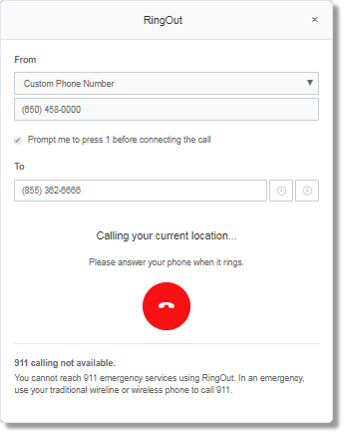 After you click the Call button, your phone will ring and the RingOut window will show you a message that will inform you of what RingOut is currently doing.