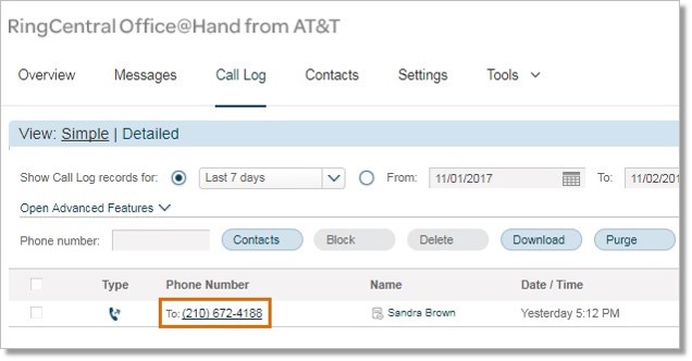 Click any number on the Phone Number column to initiate a RingOut call.
