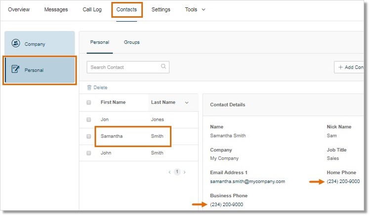 Click the listed number on either Business Phone or Home Phone under Contact Details to make a RingOut call.