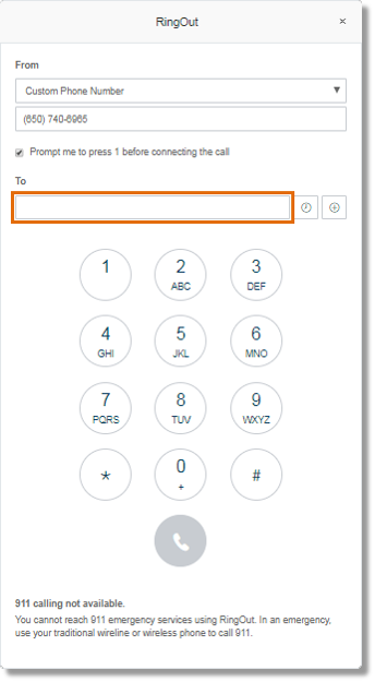 If RingOut was initiated via the RingOut on the main Online account page, enter the number that you want to call in the box provided.