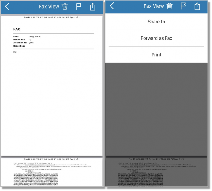 When Viewing a Fax message, you may click on the icons on the topright to Delete, Flag as read/unread, or the Forward icon.