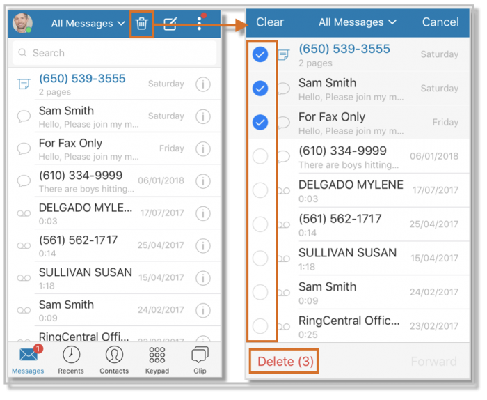 When viewing All messages or when in filter mode, you may click the delete icon and select multiple messages to delete.