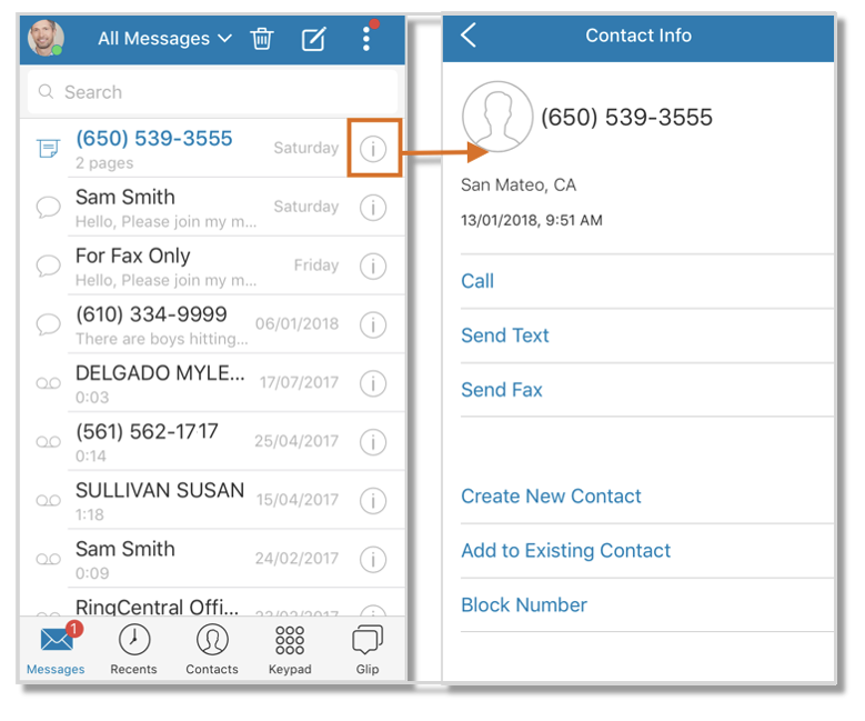 The Sender's Contact Info page should allow you to Call, Text, Fax, Block, or Add the Sender to your Contacts List.