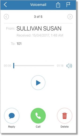 When viewing a voicemail, you may click the voicemail player buttons to play, pause, mute/unmute.