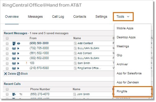 Administrators and Users can click the Tools tab, then click RingMe.