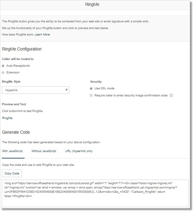 The RingMe Configuration page lets you create a RingMe Button or a RingMe Hyperlink.