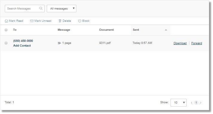 You will see your sent faxes in the Sent Items folder. Sent messages are stored in the Sent items folder up to 30 days.