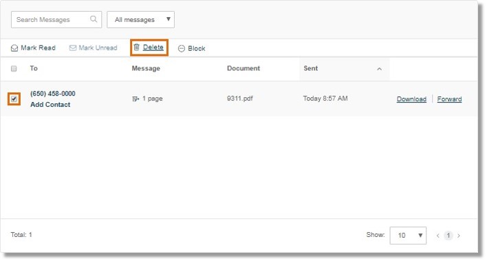 To delete a sent fax, simply select the message by putting a check mark on the box next to it, and then click Delete.