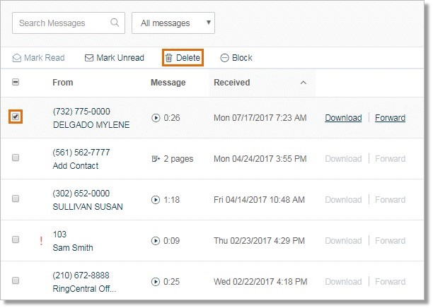 To delete a failed fax or to cancel a scheduled fax, select the message by clicking the check box next to it, and then click Delete.
