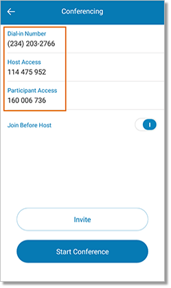 Take Note of the Dial-in number, Host access and the Participant access codes.