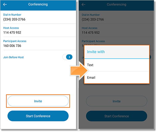 Tap Invite to invite Participants with Text or Email.