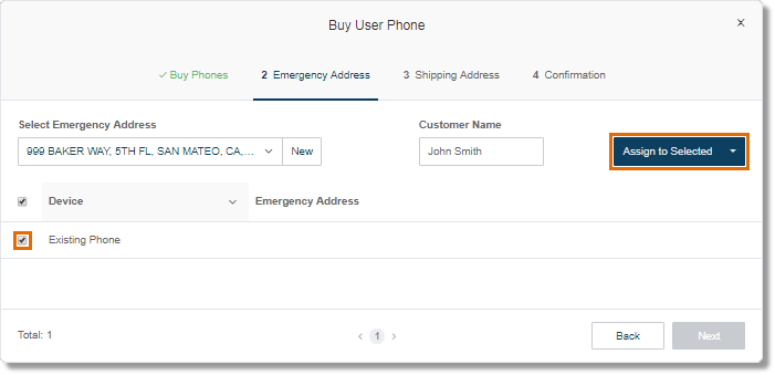 Select the device where the Emergency Address will be applied, and then click on Assign to Selected.