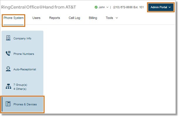 On the Admin Portal page, select Phone System, and then click Phones & Devices.