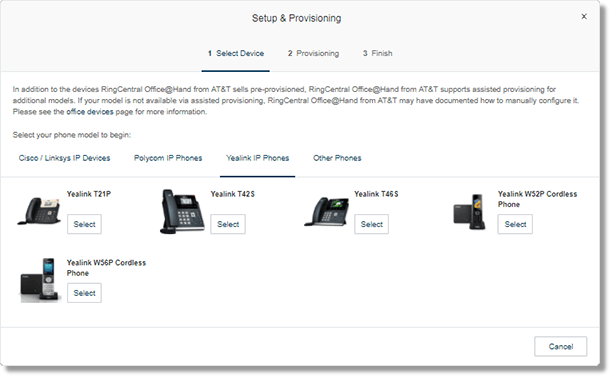 Select Yealink IP Phones, and then click Select to choose the model number of the Yealink phone that you will provision.