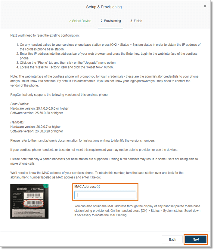 After resetting the phone, enter the phone's MAC Address, and then click Next.