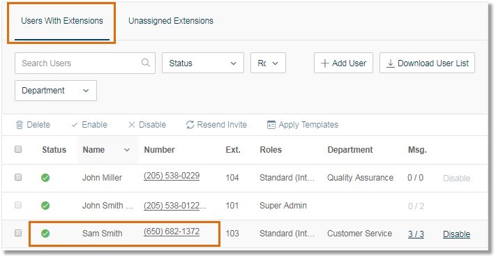 Under "Users with Extensions", click the name of the user you wish to modify.