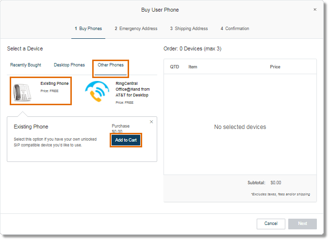 Select Other Phones, then click on Existing Phone.