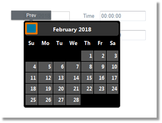 Move the mouse over the top right and top left of the calendar box to populate the blue box to go to previous and next month.