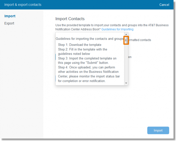 The guidelines for importing contacts displays.