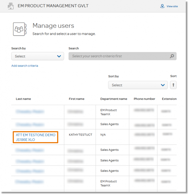The "Manage Users" page appears. Click the last name of the user you would like to view.