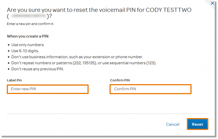 Enter the new PIN twice, and then click Reset.