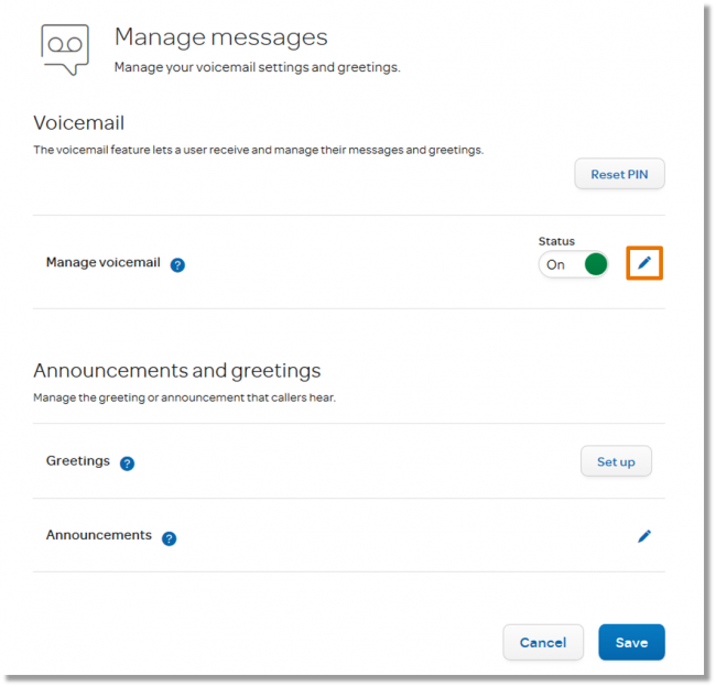 click the Edit icon to view the "Voicemail" page.