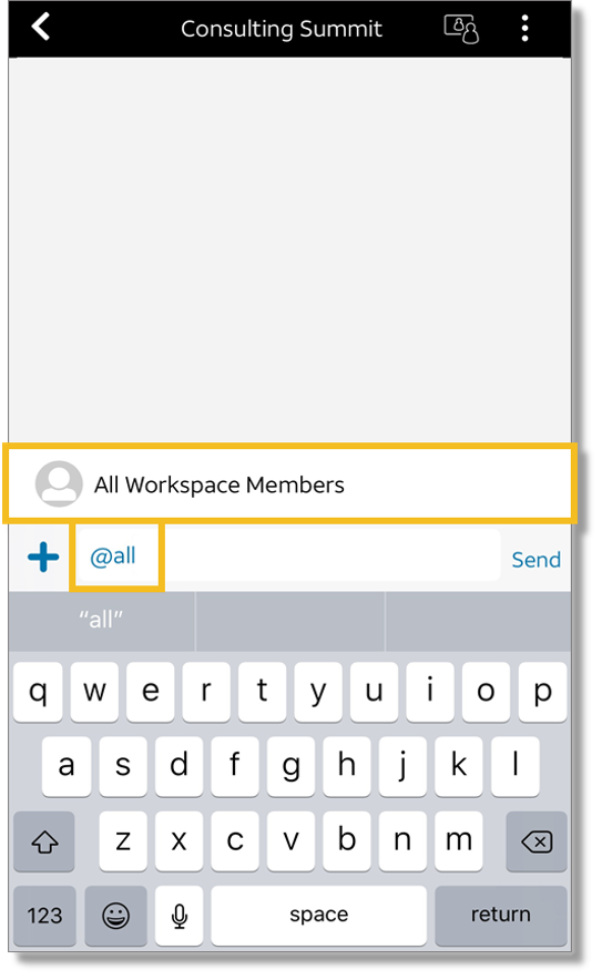 To start workspace chat with all members of the workspace, in the message box, enter “@all”, and then enter the rest of your message.