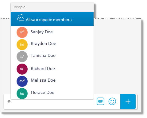 To start a workspace chat with just one member, in the message box, type "@" followed by the member's name of select the member's name from the menu that appears.