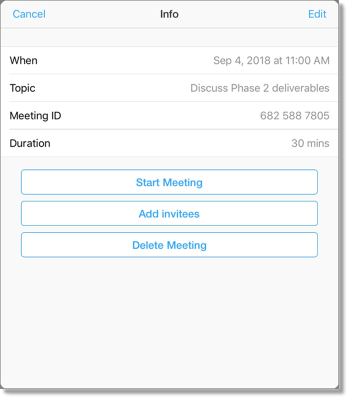 Upcoming meeting Info window (tablet)
