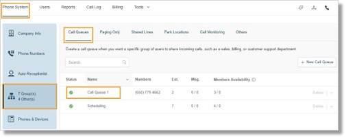 To configure a Call Queue's Information, Administrators can go to Admin portal > Phone system > Groups > and then select the Call queue group from the list. 