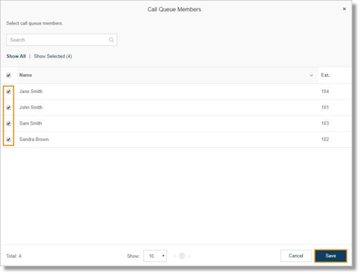 Select the Users that you wish to add to the Call Queue group's member list. Click the checkbox for the members you want to add.