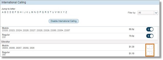 If you need to disable this feature on specific countries only, scroll down and toggle the button across the country that you want to disable International Calling. 