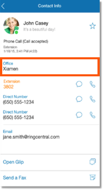 Added “Office” field in contact details so that users can differentiate between their own company contacts and federated contacts. 