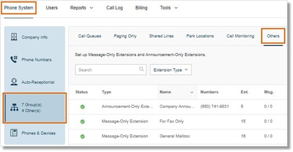 Go to Phone System > Groups > Others.